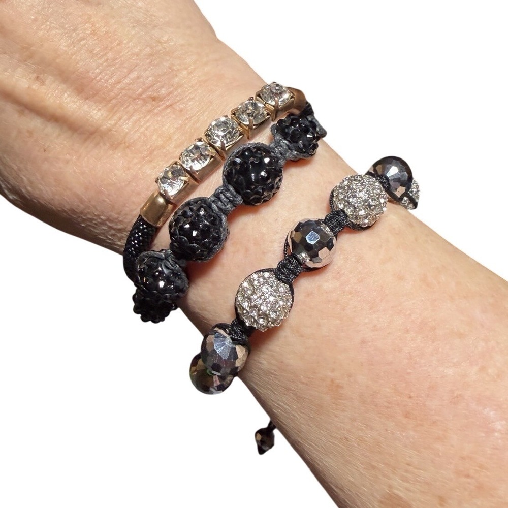 3 Adjustable Chord Black, Rhinestone, Glass Beaded Bracelet  Boho Cottage Core